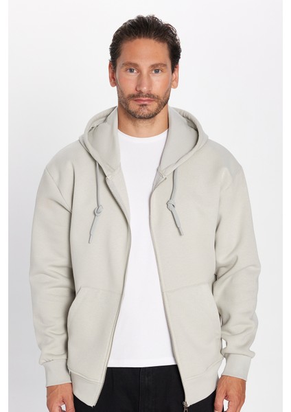 Unisex Relax Fit Rahat Kesim Pamuklu İçi Polarlı Çift Cepli Fermuarlı Taş Renk Kapüşonlu Sweatshirt