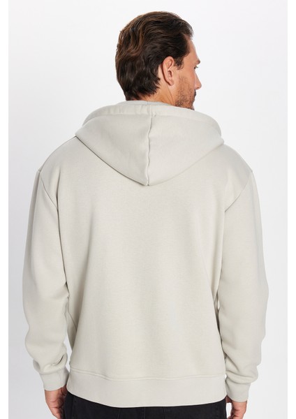 Unisex Relax Fit Rahat Kesim Pamuklu İçi Polarlı Çift Cepli Fermuarlı Taş Renk Kapüşonlu Sweatshirt