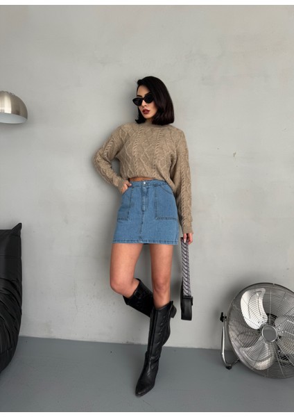 Kadın Mavi Denim Mini Etek
