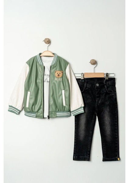 Ayıcık Deri Kolej Montlu Erkek Çocuk 3 lü takım - Yeşil