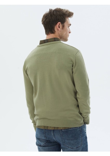 Açık Yeşil Bisiklet Yaka Jakarlı Yün Karışımlı Triko Kazak indirimleri