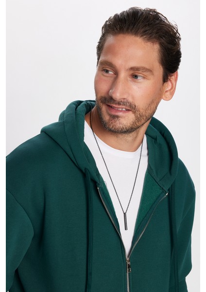 Unisex Relax Fit Rahat Kesim Pamuklu İçi Polarlı Çift Cepli Fermuarlı Yeşil Kapüşonlu Sweatshirt