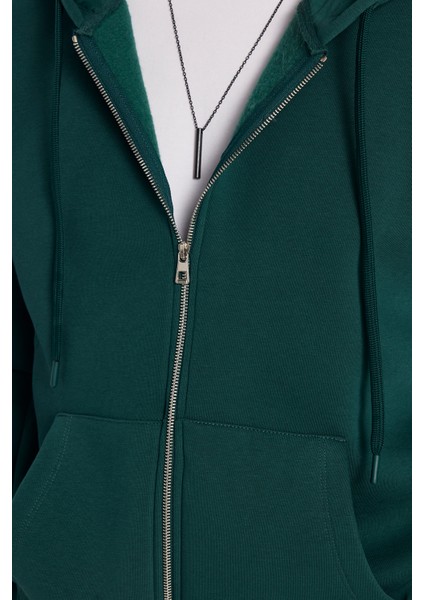 Unisex Relax Fit Rahat Kesim Pamuklu İçi Polarlı Çift Cepli Fermuarlı Yeşil Kapüşonlu Sweatshirt