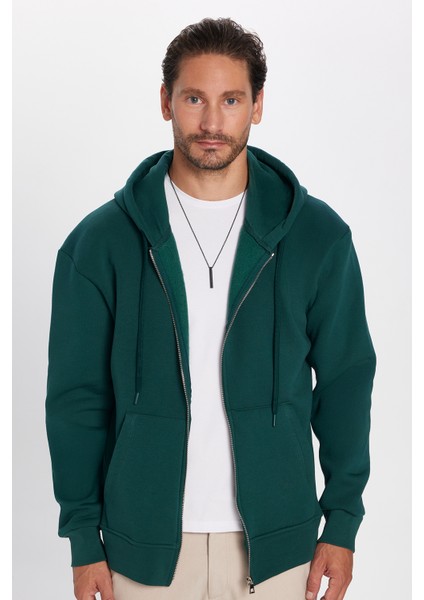 Unisex Relax Fit Rahat Kesim Pamuklu İçi Polarlı Çift Cepli Fermuarlı Yeşil Kapüşonlu Sweatshirt
