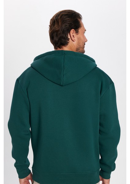Unisex Relax Fit Rahat Kesim Pamuklu İçi Polarlı Çift Cepli Fermuarlı Yeşil Kapüşonlu Sweatshirt