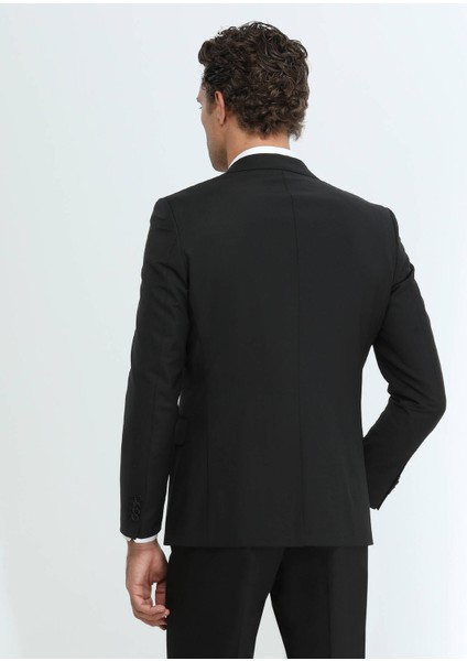 Siyah Düz Modern Fit Yün Karışımlı Takım Elbise