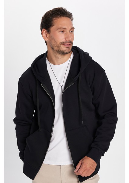 Unisex Relax Fit Rahat Kesim Pamuklu İçi Polarlı Çift Cepli Tam Fermuarlı Siyah Kapüşonlu Sweatshirt