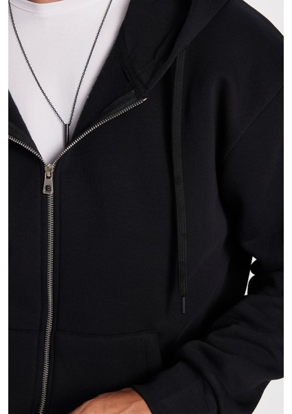 Unisex Relax Fit Rahat Kesim Pamuklu İçi Polarlı Çift Cepli Tam Fermuarlı Siyah Kapüşonlu Sweatshirt modelleri