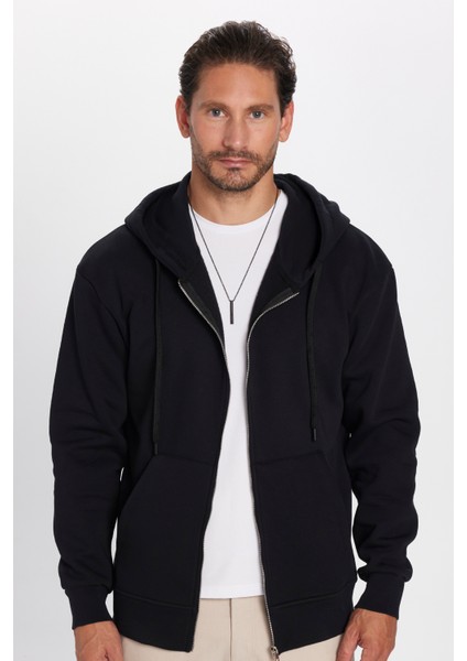 Unisex Relax Fit Rahat Kesim Pamuklu İçi Polarlı Çift Cepli Tam Fermuarlı Siyah Kapüşonlu Sweatshirt fırsatları