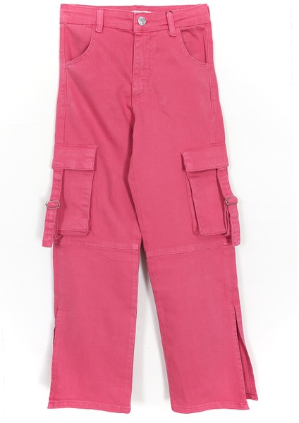 Kargo Cep Detaylı Yırtmaçlı Bol Paça Kız Çocuk Denim Kot Pantolon Pembe 001-0001963