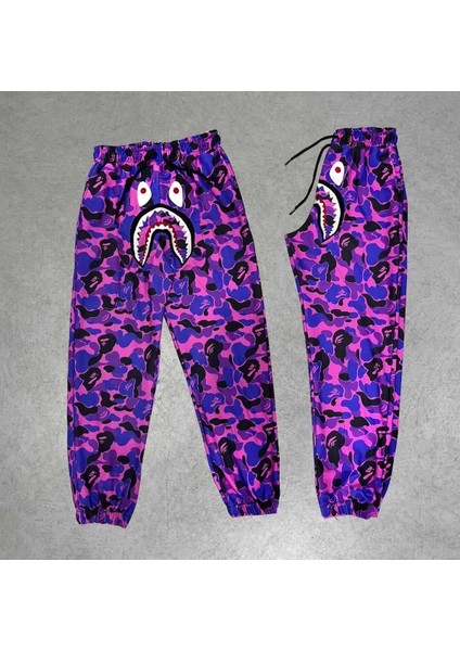 Mevsimlik Bape Nakişli Eşofman Pantolon - Mor