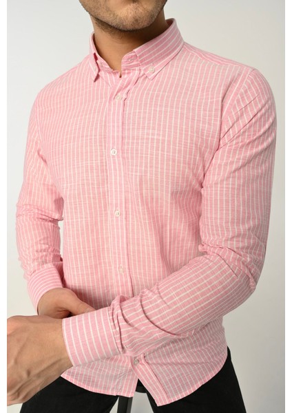 Erkek Gömlek Slim Fit Çizgili Pamuk Keten