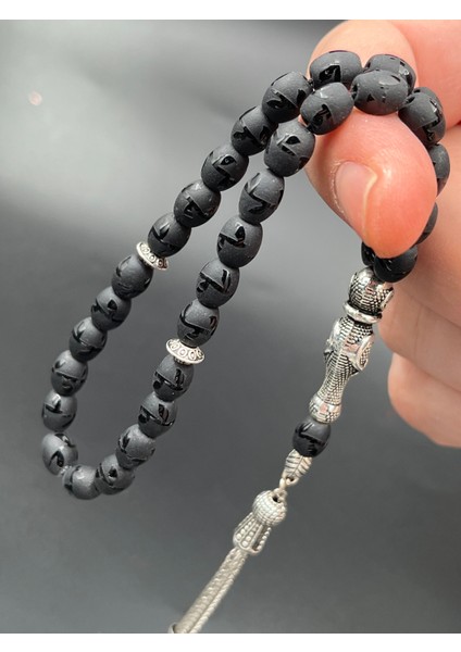 Obsidyen Tesbih Siyah Arpa Model 6X8mm 33 Tane Metal Gümüş Görünümlü Püskül D450120.180125 modelleri