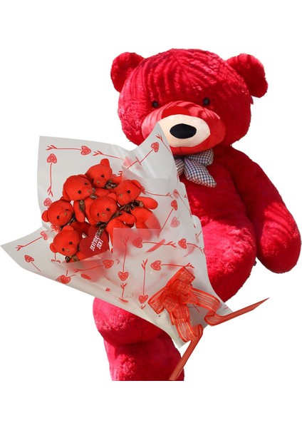 Sevimli 90 cm Peluş Ayı ile Premium Yumoş Kırmızı Peluş Ayıcık Buketi