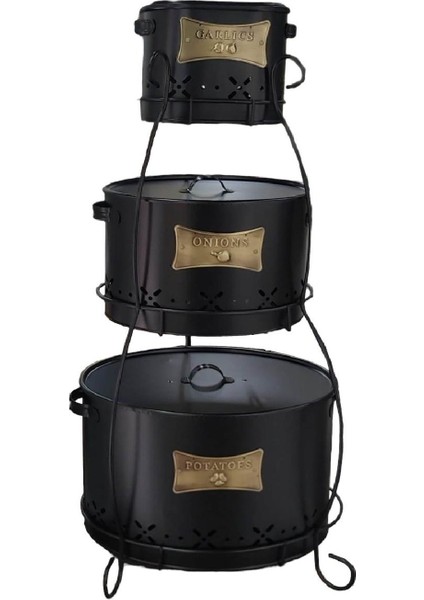 3 Katlı Ferforje Lüx Patates, Soğan Ve Sarımsak Saklama Kovası Sepeti Seti Siyah fiyatları