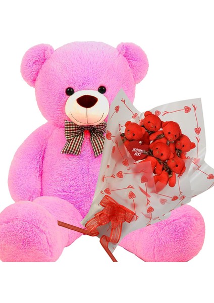Sevimli 90 cm Peluş Ayı ile Premium Yumoş Kırmızı Peluş Ayıcık Buketi
