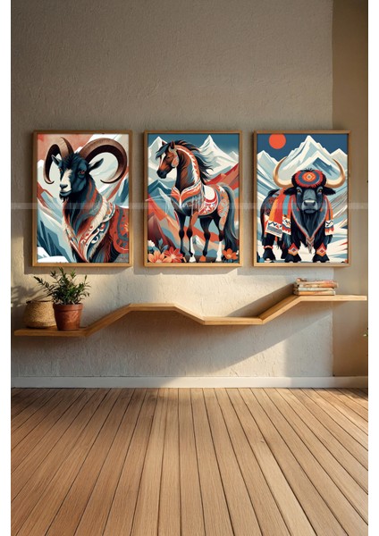 Etnik Hayvan Temalı 3'lü Ahşap Çerçeveli Tablo Seti 21 x 30