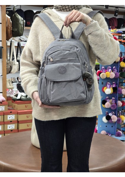 2114-8675 Kadın Krinkıl Kumaş Çok Gözlü Astarlı Petli Su Geçirmez Günlük Mini Sırt Çantası - NKT02114-FÜME-TEKEBAT