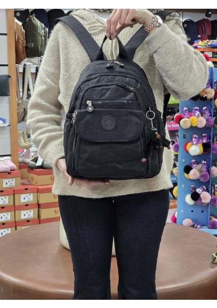 2114-8675 Kadın Krinkıl Kumaş Çok Gözlü Astarlı Petli Su Geçirmez Günlük Mini Sırt Çantası - NKT02114-SIYAH-TEKEBAT
