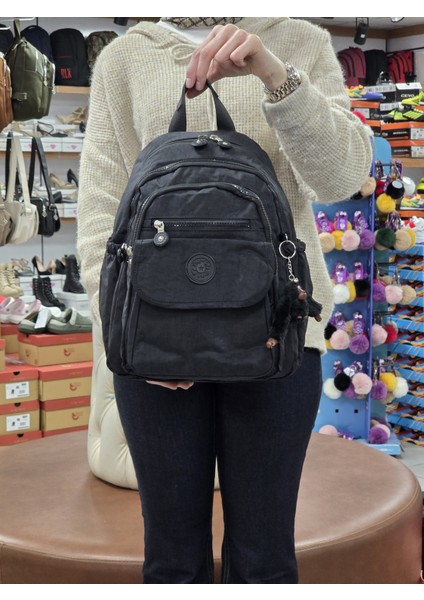 2114-8675 Kadın Krinkıl Kumaş Çok Gözlü Astarlı Petli Su Geçirmez Günlük Mini Sırt Çantası - NKT02114-SIYAH-TEKEBAT modelleri