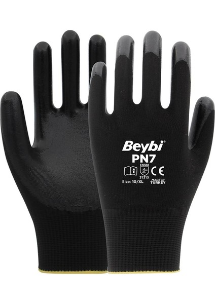 PN7 Nitril Kaplamalı Polyester İş Eldiveni 6 Çift - 9/10 Beden - Gıda Temasına Uygun, Dayanıklı