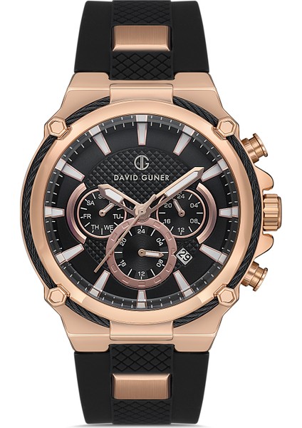 Davıd Guner Siyah Silikon Kordonlu Siyah Kadranlı Rose Kaplamalı Multi Fonksiyonlu Erkek Kol Saati