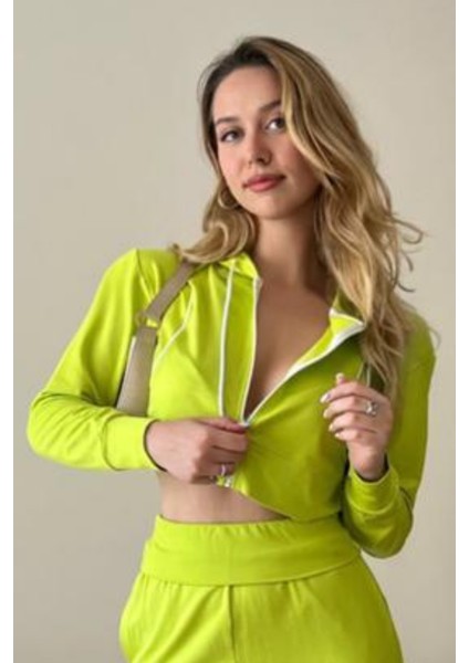 Kadın Viskon Kapşonlu Oversize Crop Sweatshirt-Kiwi