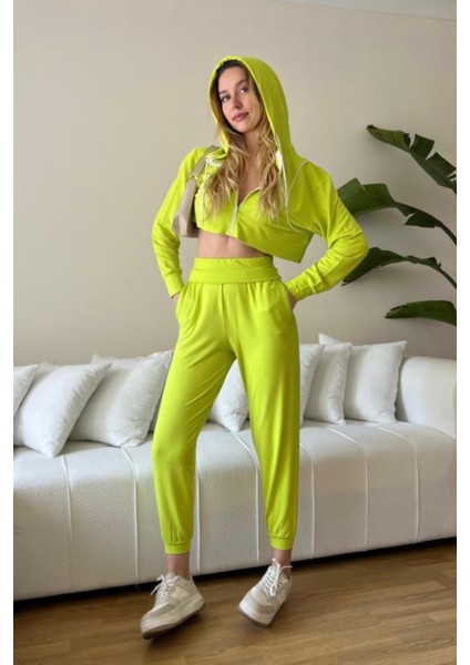 Kadın Viskon Kapşonlu Oversize Crop Sweatshirt-Kiwi