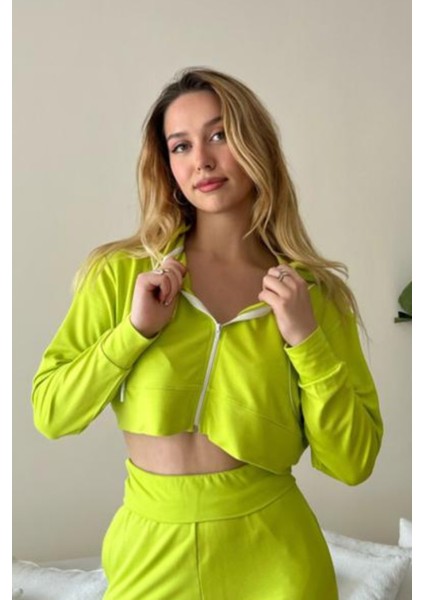 Kadın Viskon Kapşonlu Oversize Crop Sweatshirt-Kiwi