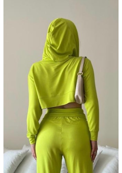 Kadın Viskon Kapşonlu Oversize Crop Sweatshirt-Kiwi