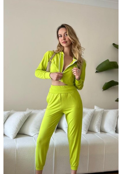 Kadın Viskon Kapşonlu Oversize Crop Sweatshirt-Kiwi