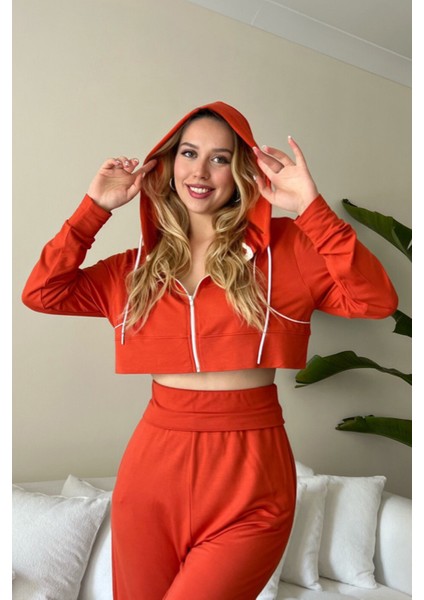 Kadın Viskon Kapşonlu Oversize Crop Sweatshirt-Kiremit