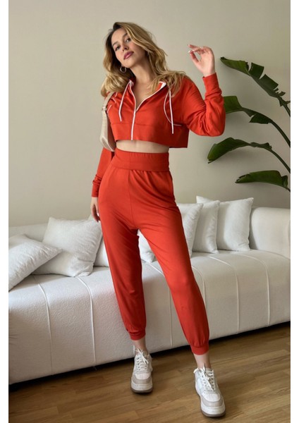 Kadın Viskon Kapşonlu Oversize Crop Sweatshirt-Kiremit