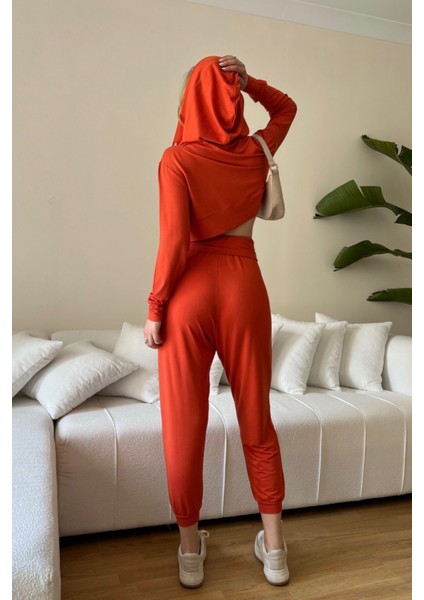 Kadın Viskon Kapşonlu Oversize Crop Sweatshirt-Kiremit