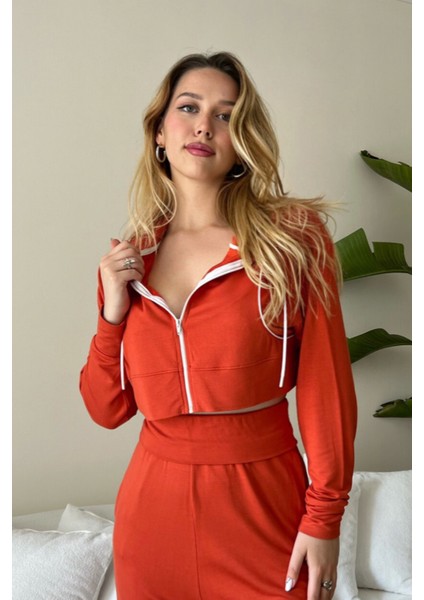Kadın Viskon Kapşonlu Oversize Crop Sweatshirt-Kiremit