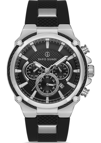 Davıd Guner Siyah Silikon Kordonlu Siyah Kadranlı Gümüş Kasalı Multi Fonksiyonlu Erkek Kol Saati