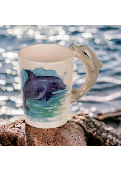 3d Animal Mug Serisi Özel Motifli El Boyaması Yunus Balığı Tasarımlı Kahve Fincanı Kupa Bardak 300 Ml