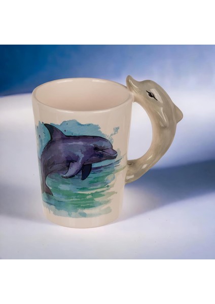 3d Animal Mug Serisi Özel Motifli El Boyaması Yunus Balığı Tasarımlı Kahve Fincanı Kupa Bardak 300 Ml