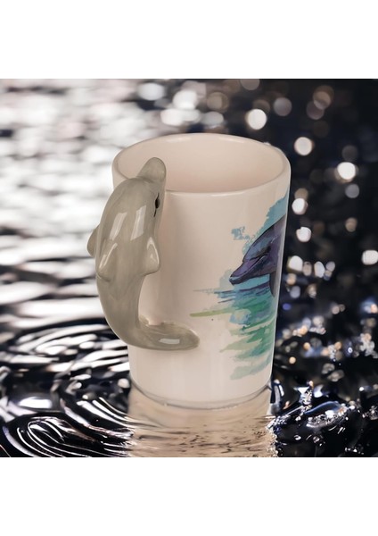 3d Animal Mug Serisi Özel Motifli El Boyaması Yunus Balığı Tasarımlı Kahve Fincanı Kupa Bardak 300 Ml