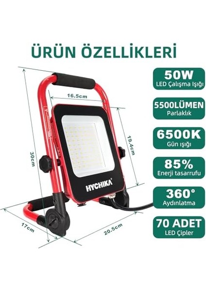 Şantiye Projektörü, 50 W, Hychıka LED Projektör, 5500 Lm, 6500 K, Su Geçirmez IP65 Çalışma Lambası, Döndürülebilir, 3 M Fişli Kablo, Atölye, Şantiye Için