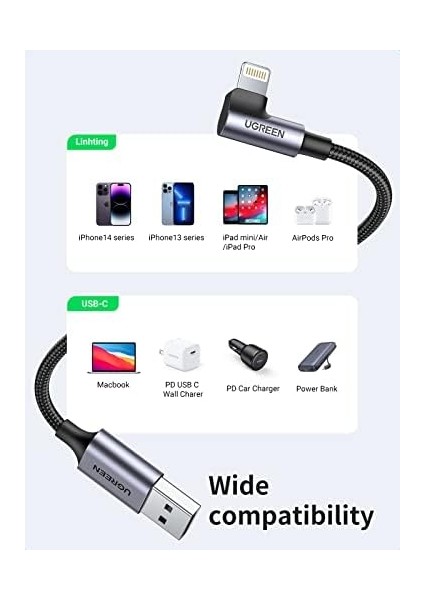60521 Ugreen Örgülü 90° Lightning iPhone Şarj ve Data Kablosu, Siyah, 1 Metre modelleri