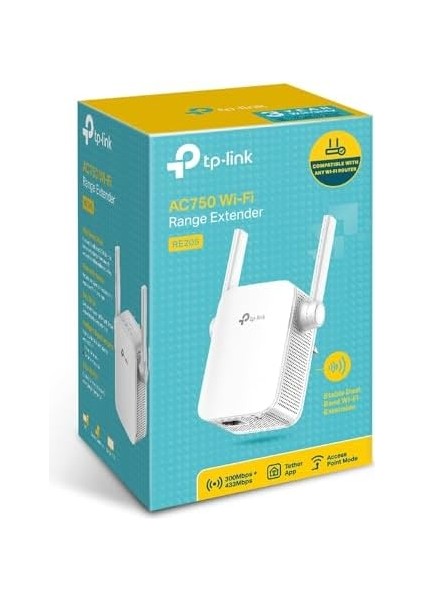 RE205, AC750 Mbps, 2 Harici Anten ve 1 Ethernet Bağlantı Noktalı Wi-Fi Güçlendirici/hotspot, Access Point Modu, Tüm Wi-Fi Yönlendiriciler ile Çalışır, Wi-Fi 5 Menzil Genişletici