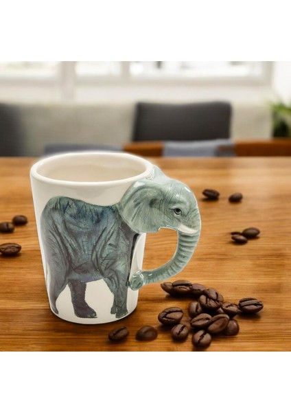 3d Animal Mug Serisi Özel Motifli El Boyaması Fil Tasarımlı Kahve Fincanı Kupa Bardak 300 Ml.