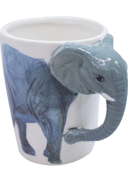 3d Animal Mug Serisi Özel Motifli El Boyaması Fil Tasarımlı Kahve Fincanı Kupa Bardak 300 Ml.