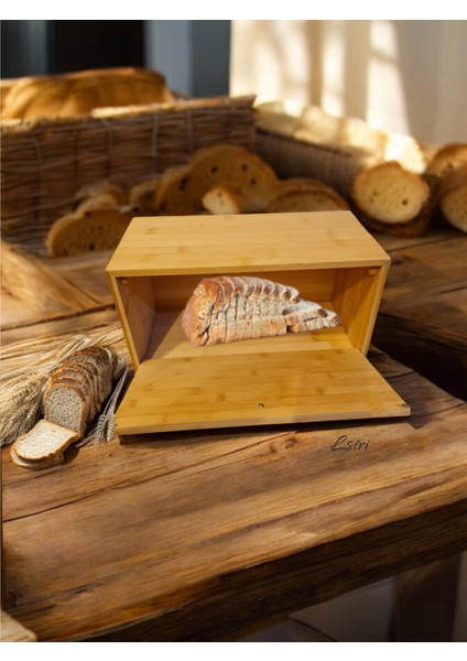 Bambu Kapaklı Ahşap Ekmeklik Ekmek Saklama Kutusu - Lüx Büyük Ekmek Dolabı