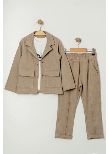 Keten Ceketli Çimalı Erkek Çocuk 3 lü takım - Toprak