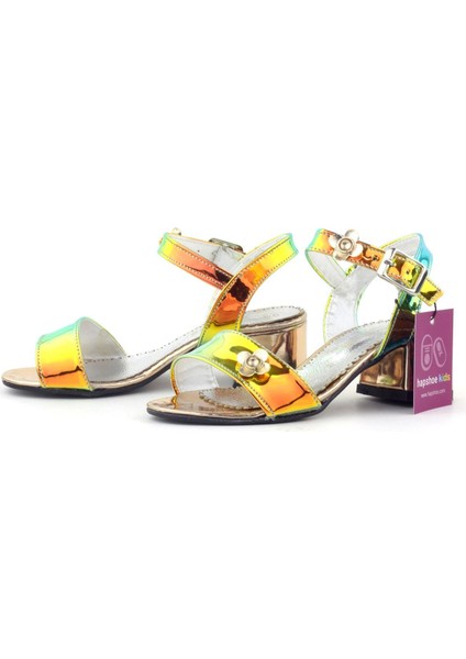 Pony Hologram Bakır Yeşil Kalın Topuklu Çiçek Detaylı Kız Çocuk Abiye Ayakkabı fırsatları