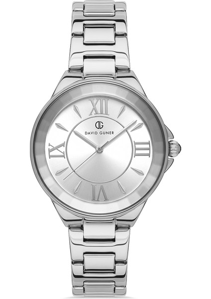 Davıd Guner Roma Rakamlı Beyaz Kadranlı Gümüş Paslanmaz Masif Çelik Kadın Kol Saati
