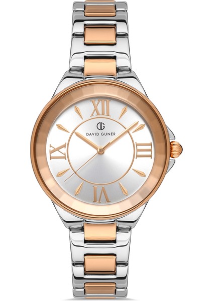 Davıd Guner Roma Rakamlı Beyaz Kadranlı Gümüş-Rose Paslanmaz Masif Çelik Kadın Kol Saati