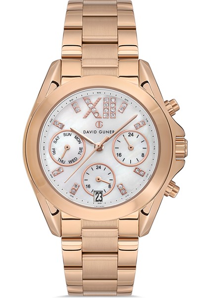 Davıd Guner Rose Kaplama Beyaz Kadranlı Paslanmaz Masif Çelik Kadın Kol Saati